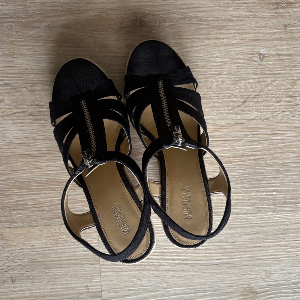 Michael Kors Black and Tan Wedge Sandals - Picture 7 of 9